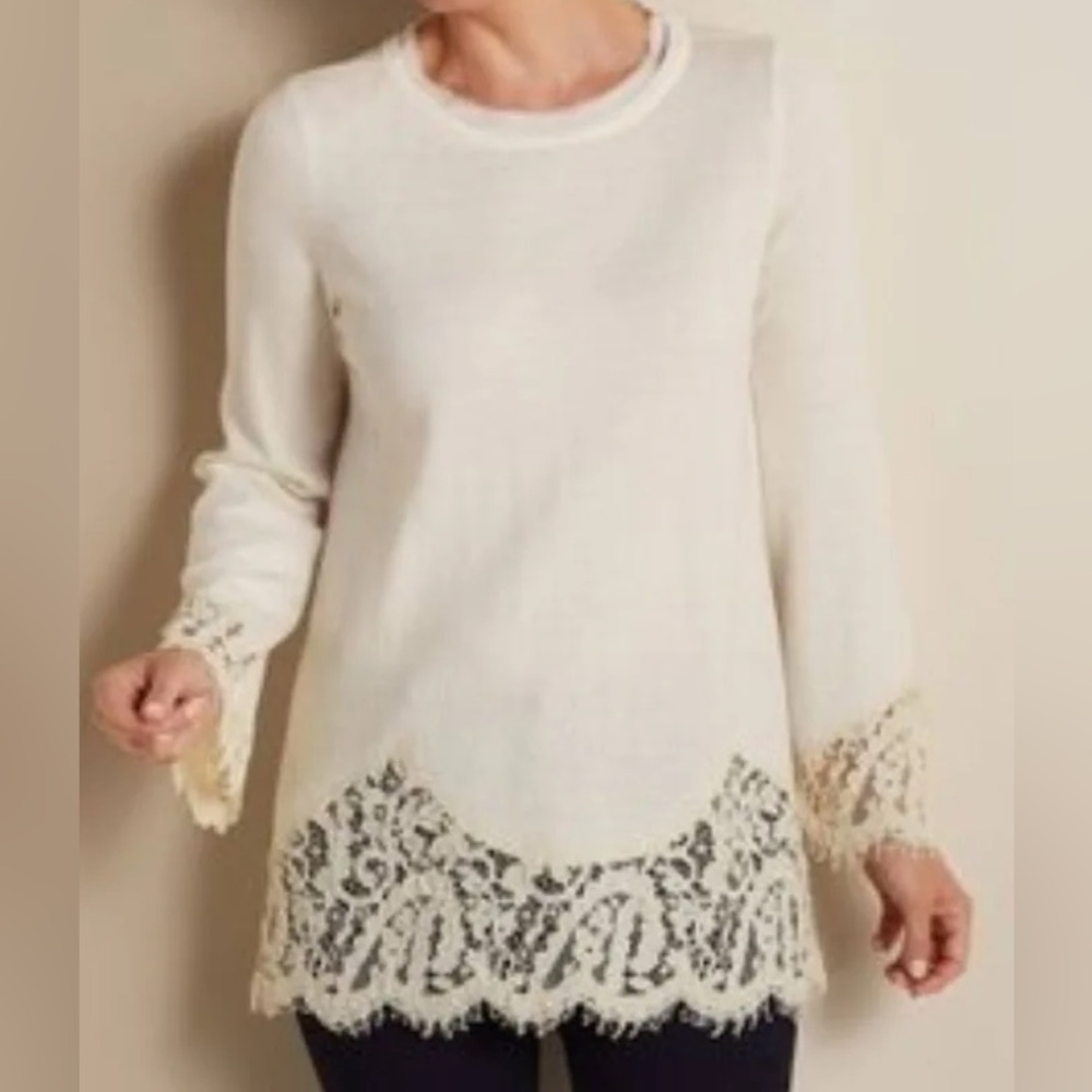 Soft Surroundings Isabeau Cream Lace Detail Sweater